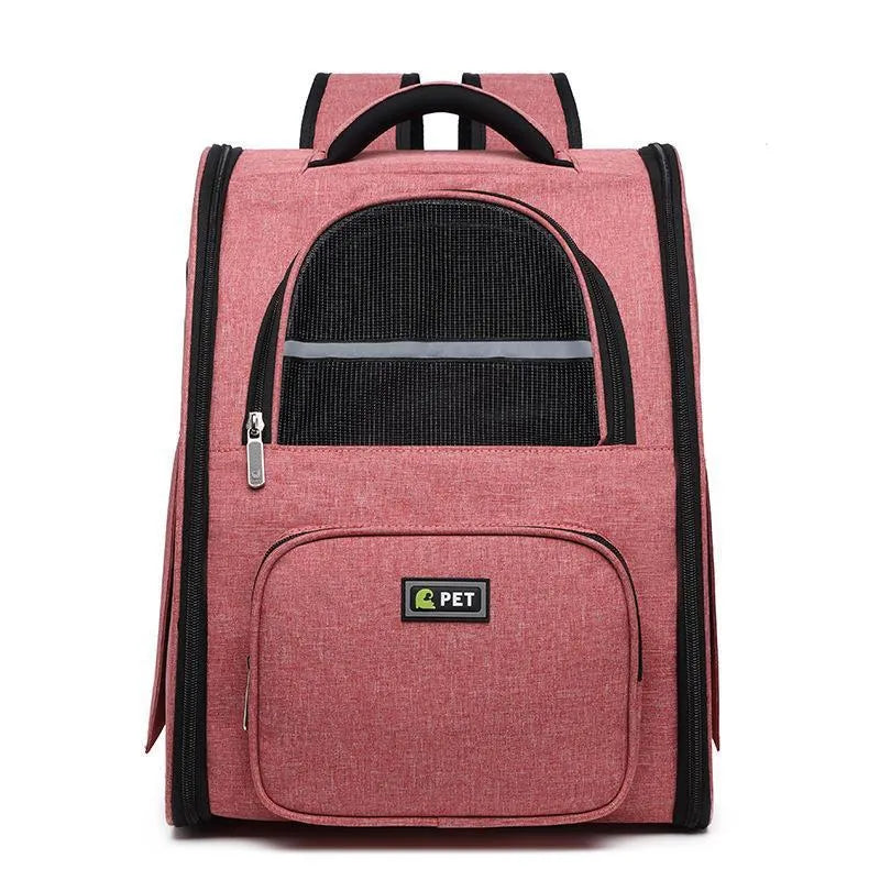 Breathable pet backpack in black, grey and pink with soft handle and vertical square shape