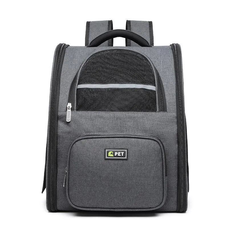 Breathable pet backpack in black, grey and pink with soft handle and vertical square shape