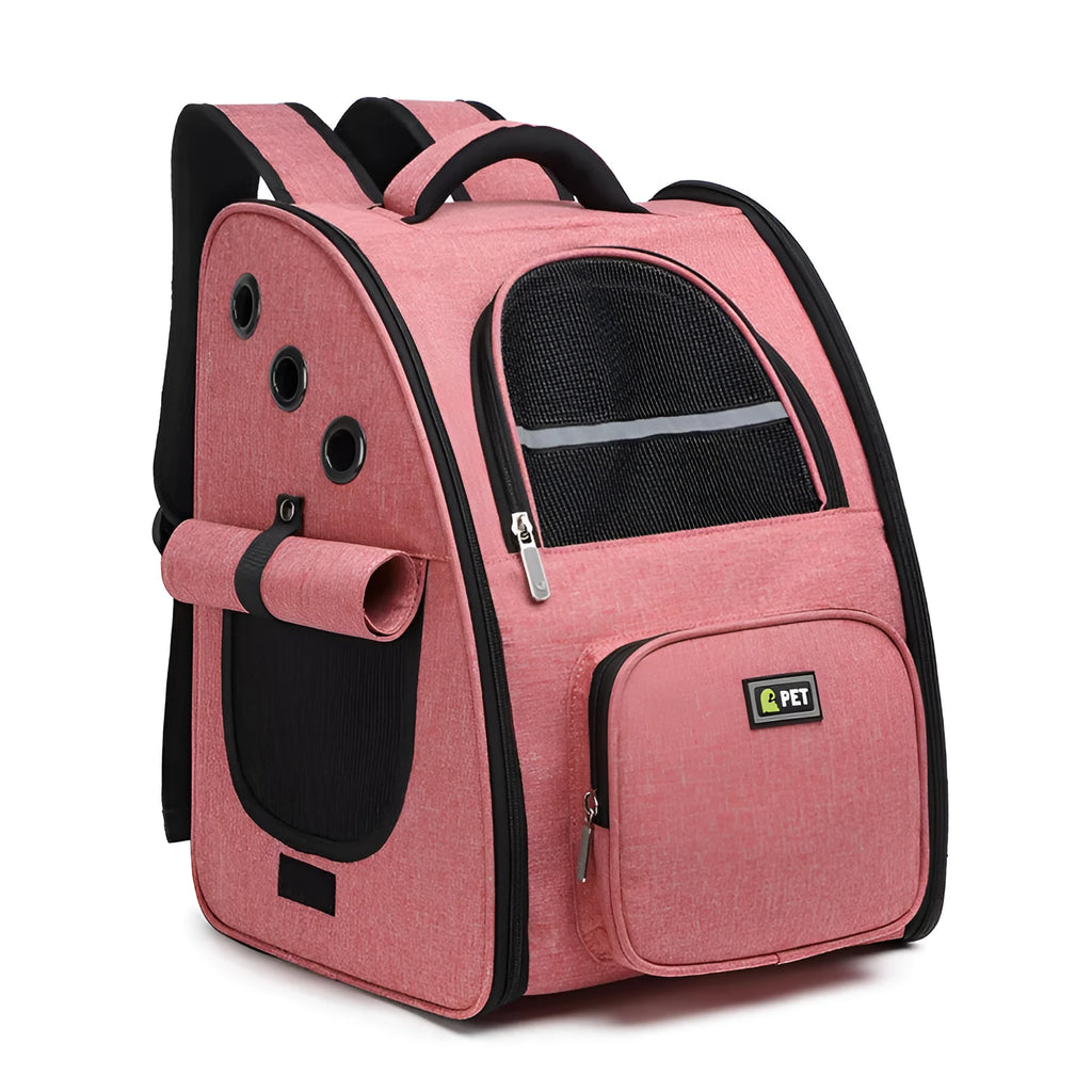 Breathable pet backpack in black, grey and pink with soft handle and vertical square shape