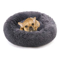 Round plush long velvet doghouse in rainbow gradient colour for small pets on floor