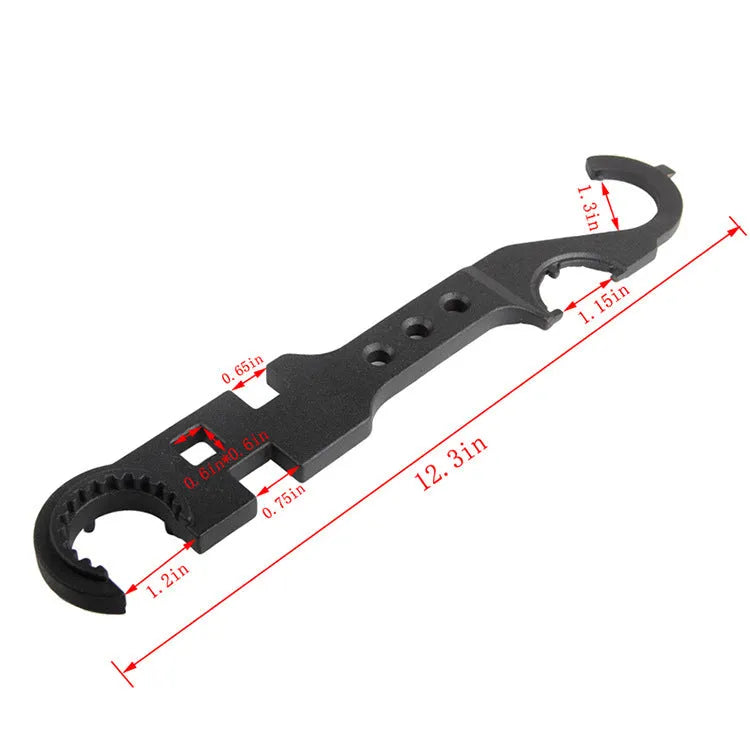 Black all-steel dual-purpose combination wrench for AR15 M4 firearm maintenance.
