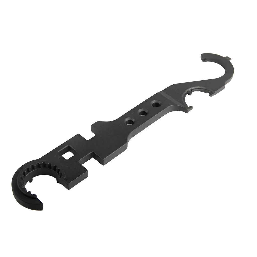 Black all-steel dual-purpose combination wrench for AR15 M4 firearm maintenance.