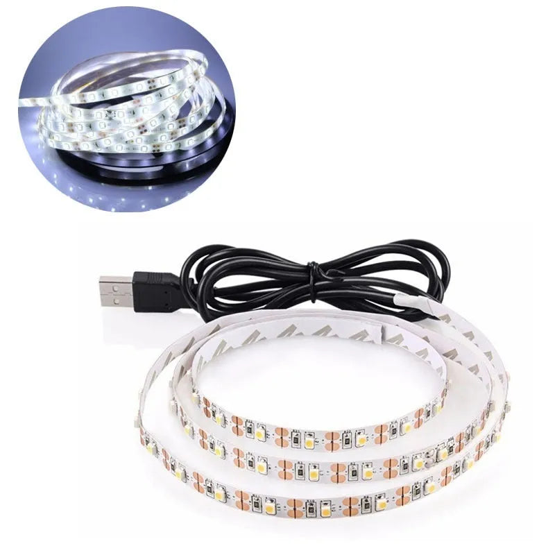 1 metre long flexible USB LED light strip showing SMD5050 chips, with a connected USB cable.