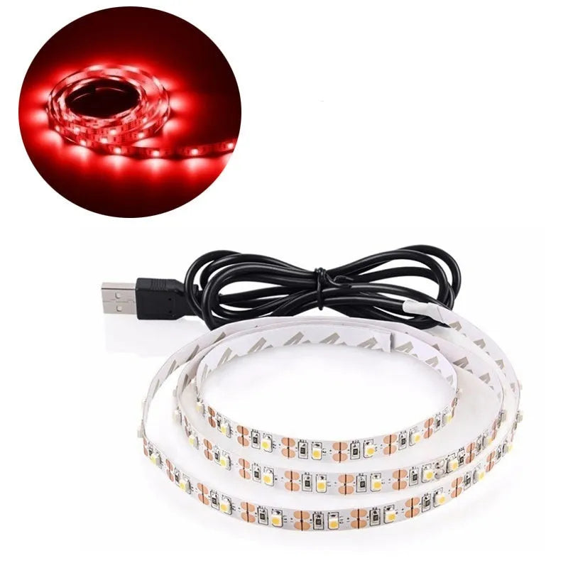 1 metre long flexible USB LED light strip showing SMD5050 chips, with a connected USB cable.