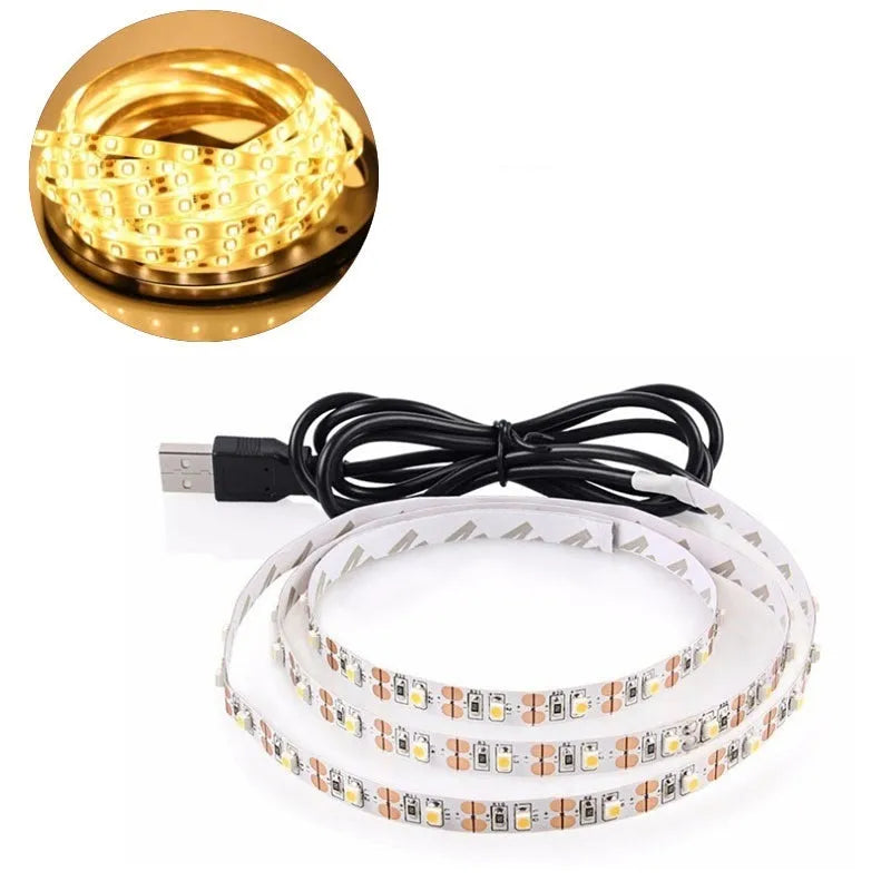 1 metre long flexible USB LED light strip showing SMD5050 chips, with a connected USB cable.