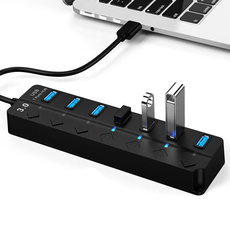 Black 7-port USB 3.0 hub with external power supply unit for computer connectivity expansion