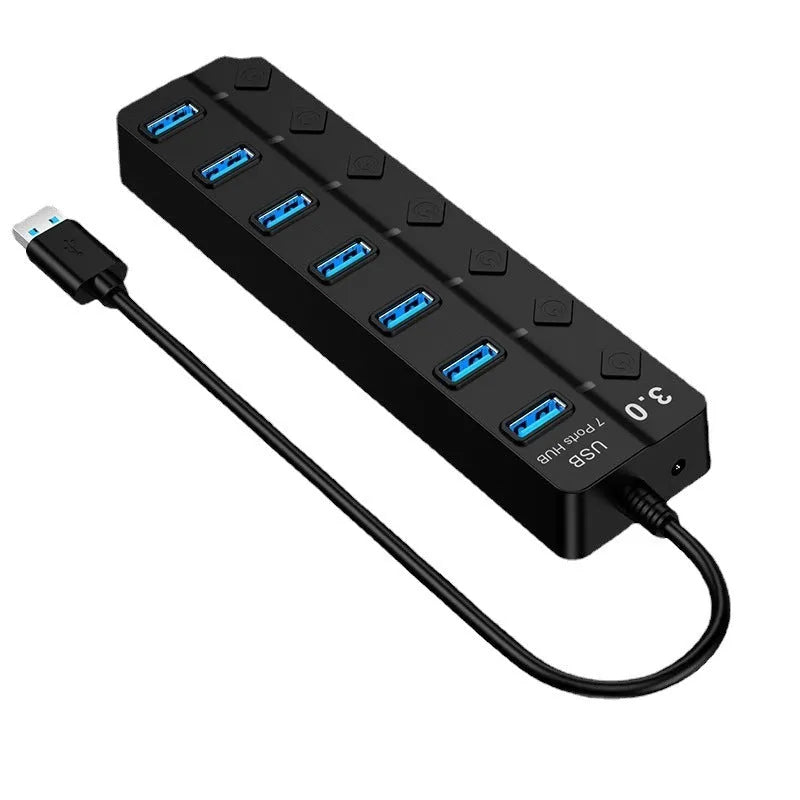 Black 7-port USB 3.0 hub with external power supply unit for computer connectivity expansion
