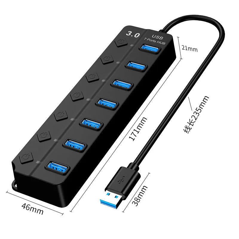 Black 7-port USB 3.0 hub with external power supply unit for computer connectivity expansion
