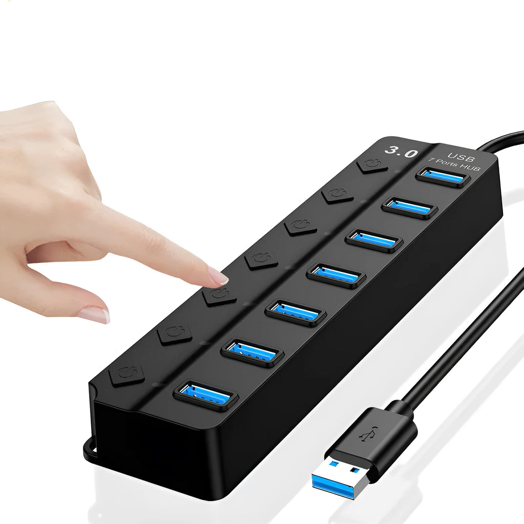 Black 7-port USB 3.0 hub with external power supply unit for computer connectivity expansion