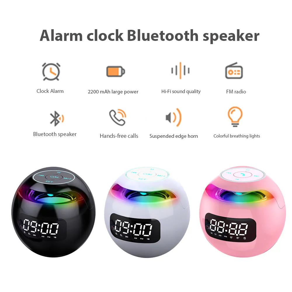 Black plastic cube Bluetooth speaker with alarm clock display, button controls, 8.5cm size