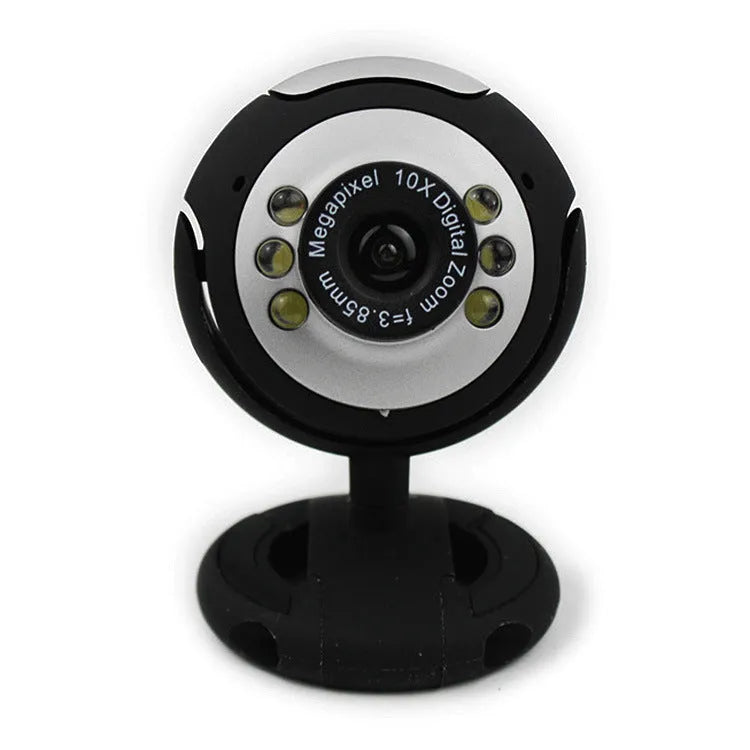 USB webcam with six white LED lights around the lens for video calls.