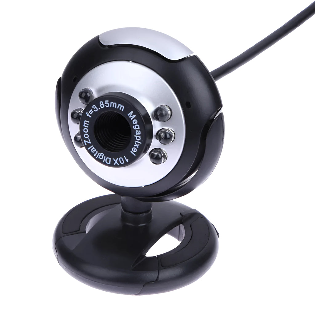 USB webcam with six white LED lights around the lens for video calls.