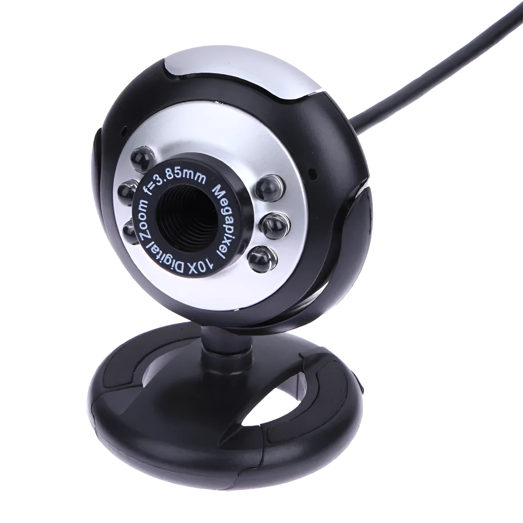 USB webcam with six white LED lights around the lens for video calls.