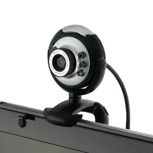 USB webcam with six white LED lights around the lens for video calls.