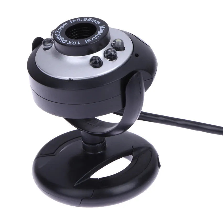 USB webcam with six white LED lights around the lens for video calls.