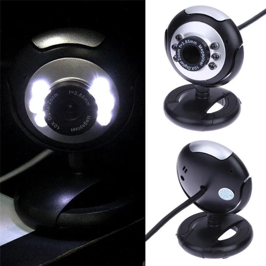 USB webcam with six white LED lights around the lens for video calls.