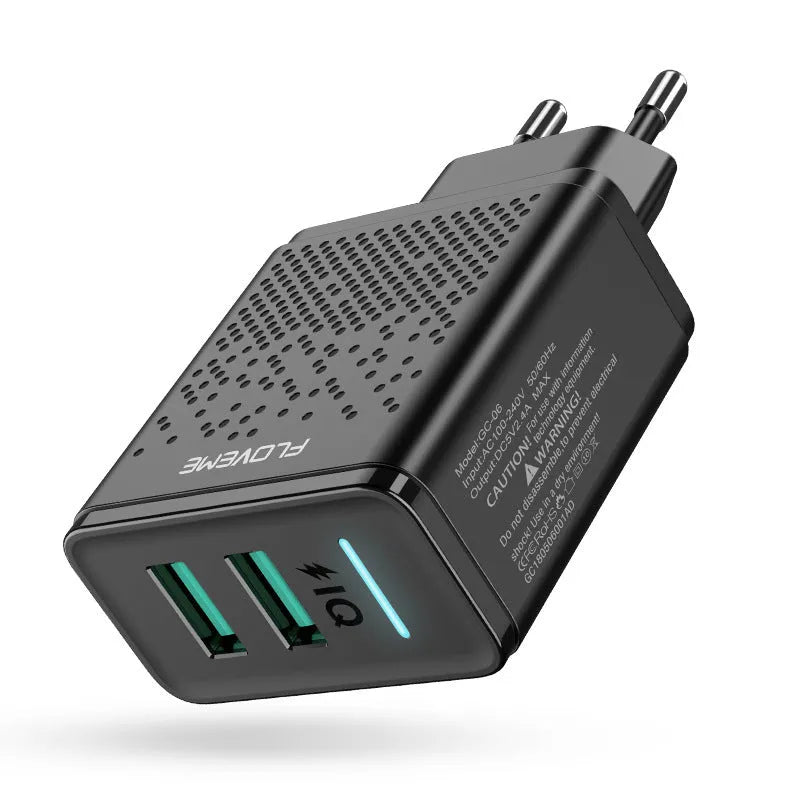 Dual port USB charger with EU plug showing two USB ports and European standard pins
