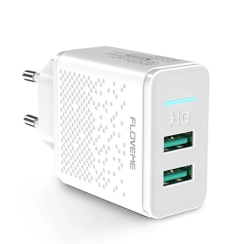 Dual port USB charger with EU plug showing two USB ports and European standard pins