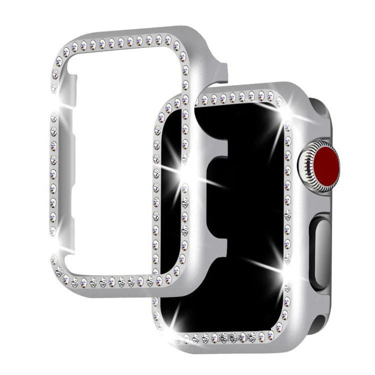 Apple Watch compatible diamond protective case in silver, black, rose gold, rose pink, and gold aluminium alloy metal frame.