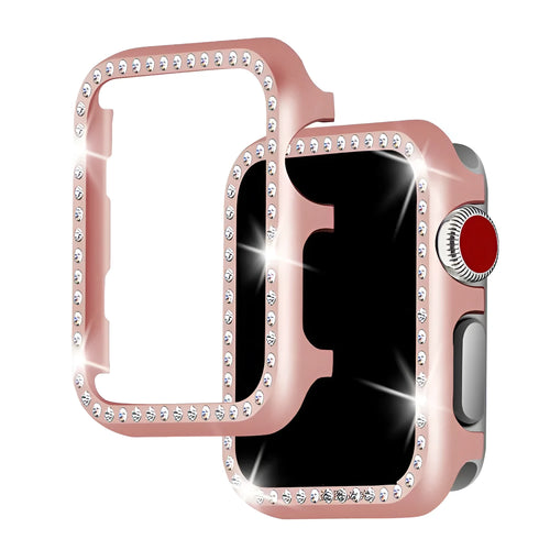 Apple Watch compatible diamond protective case in silver, black, rose gold, rose pink, and gold aluminium alloy metal frame.