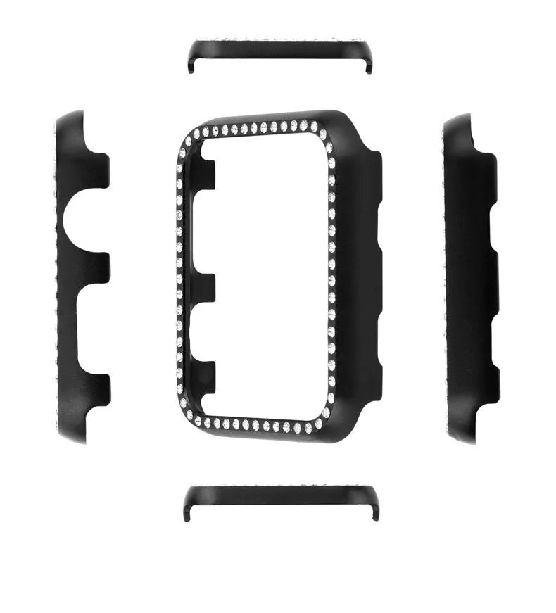 Apple Watch compatible diamond protective case in silver, black, rose gold, rose pink, and gold aluminium alloy metal frame.