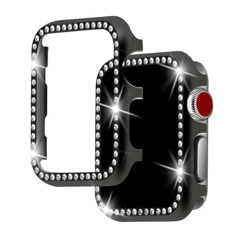 Apple Watch compatible diamond protective case in silver, black, rose gold, rose pink, and gold aluminium alloy metal frame.