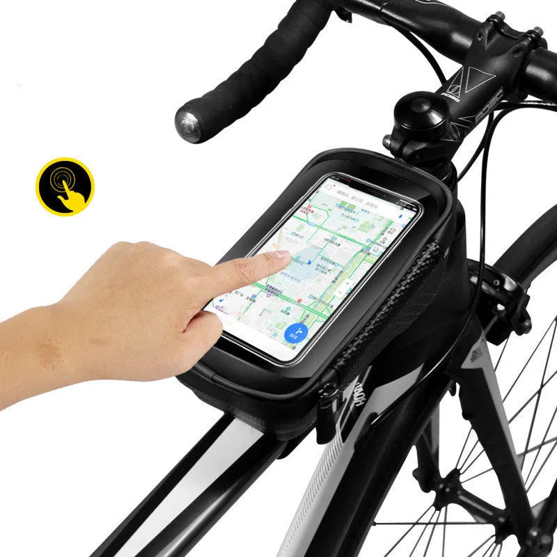 Black hard shell PU leather bicycle bag mounted on top tube of mountain bike