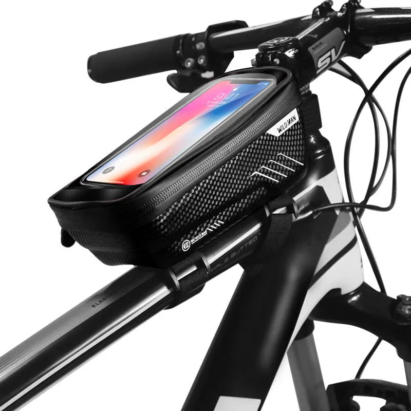 Black hard shell PU leather bicycle bag mounted on top tube of mountain bike