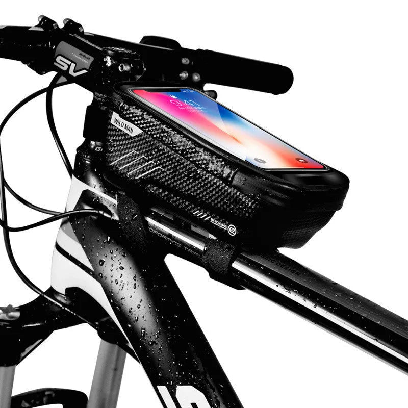 Black hard shell PU leather bicycle bag mounted on top tube of mountain bike