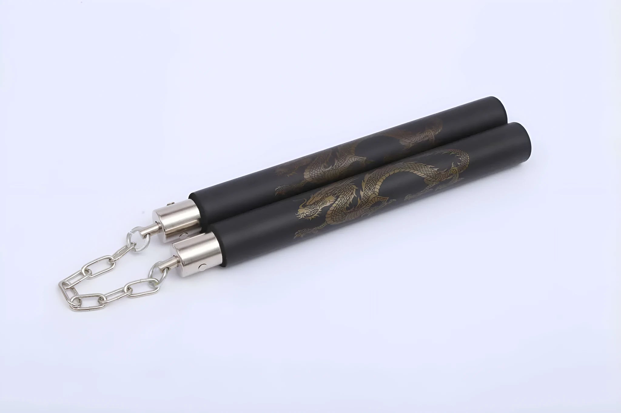 Red sponge nunchakus with EVA padding showing 28cm stick sections connected by iron chain