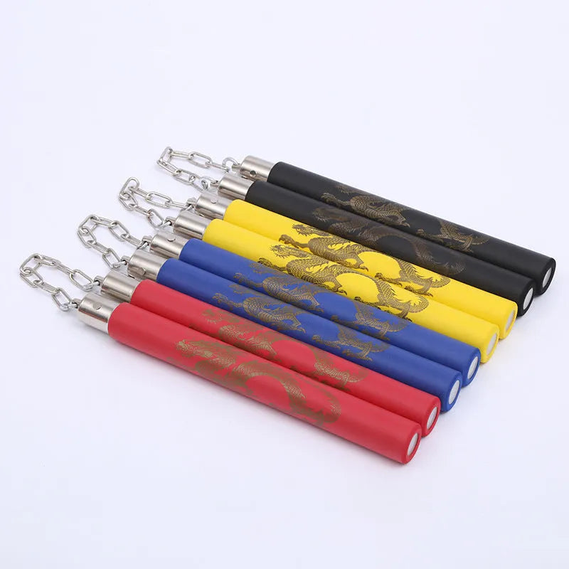 Red sponge nunchakus with EVA padding showing 28cm stick sections connected by iron chain