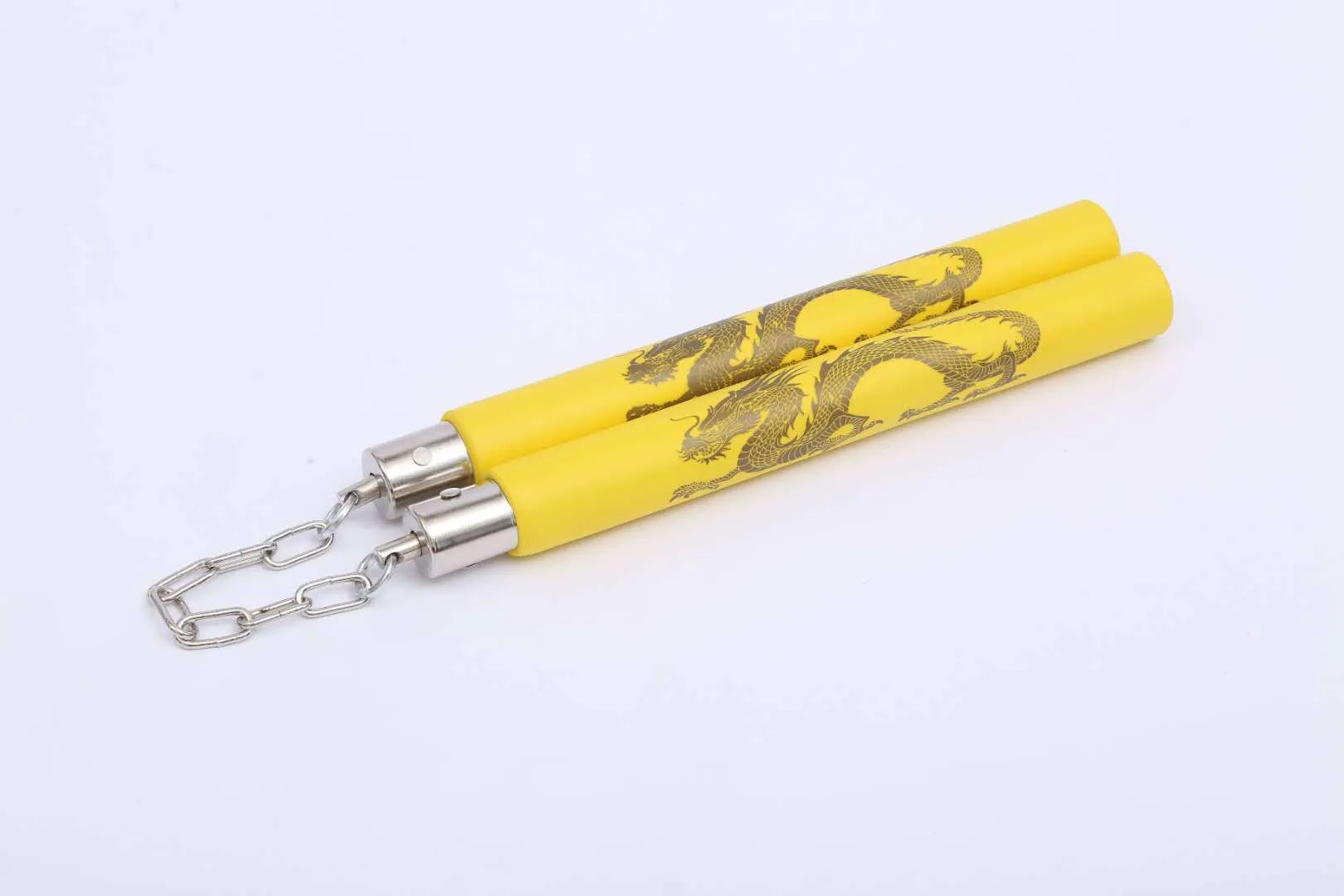 Red sponge nunchakus with EVA padding showing 28cm stick sections connected by iron chain