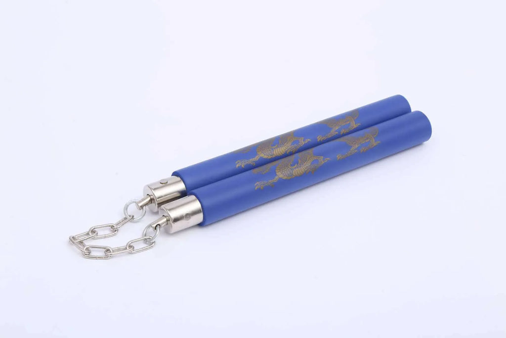 Red sponge nunchakus with EVA padding showing 28cm stick sections connected by iron chain