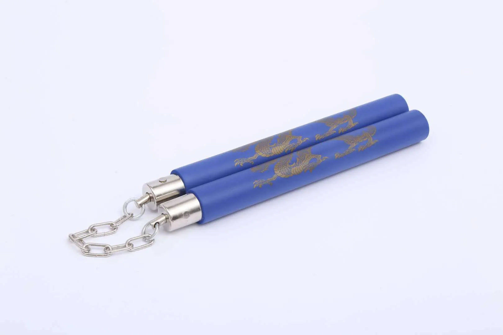 Red sponge nunchakus with EVA padding showing 28cm stick sections connected by iron chain