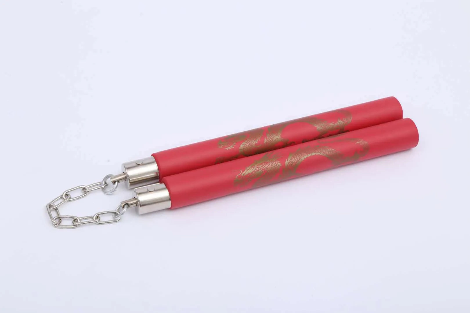 Red sponge nunchakus with EVA padding showing 28cm stick sections connected by iron chain