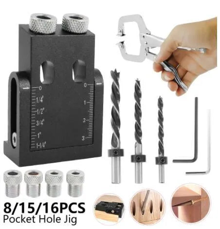 Black aluminium alloy woodworking perforation locator tool with drill bits and sleeves