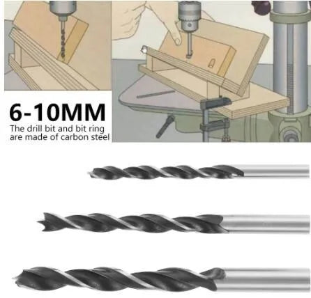 Black aluminium alloy woodworking perforation locator tool with drill bits and sleeves