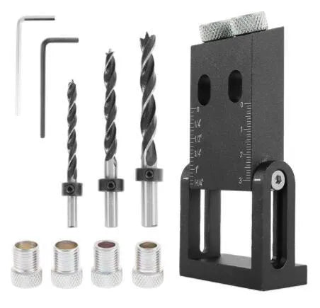 Black aluminium alloy woodworking perforation locator tool with drill bits and sleeves