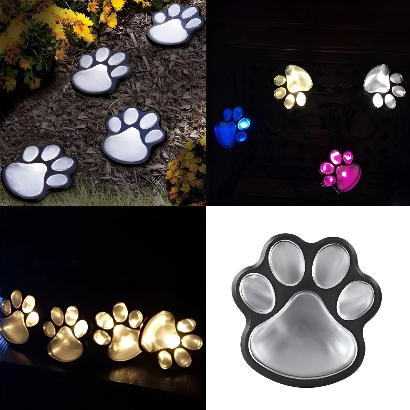 Black bear paw shaped solar garden lights with four paw prints connected to solar panel