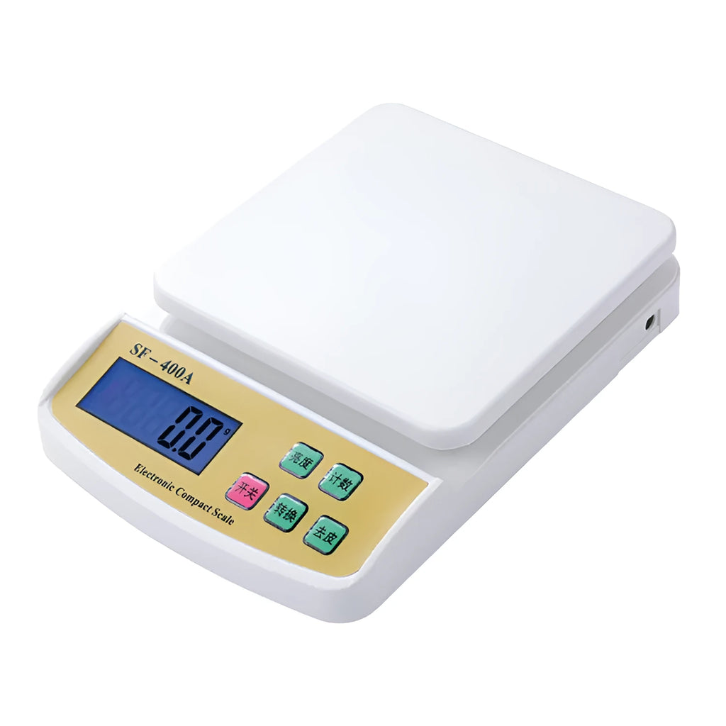 SF-400A electronic kitchen scale with digital display, 10kg capacity, and multiple precision mode options