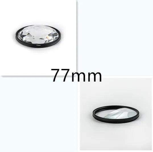 77mm half moon mirror camera filter with cleaning cloth and storage bag for creative photography effects.