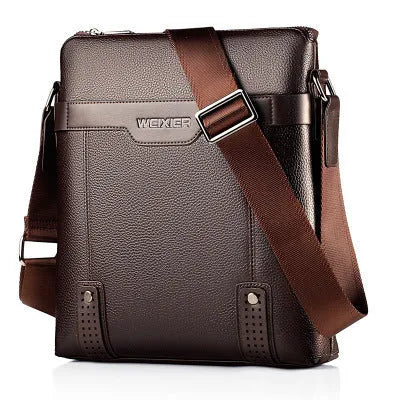 Men's black casual PU leather shoulder bag with square shape and single strap.