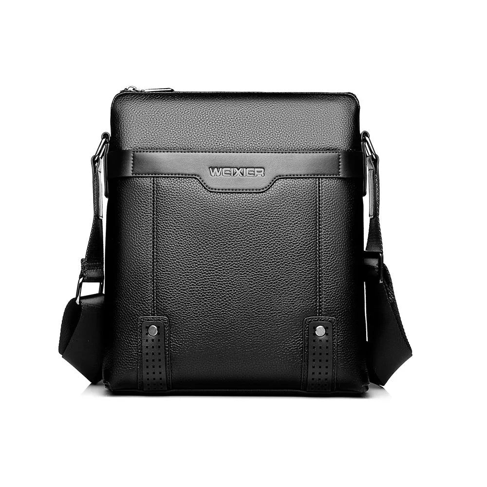 Men's black casual PU leather shoulder bag with square shape and single strap.