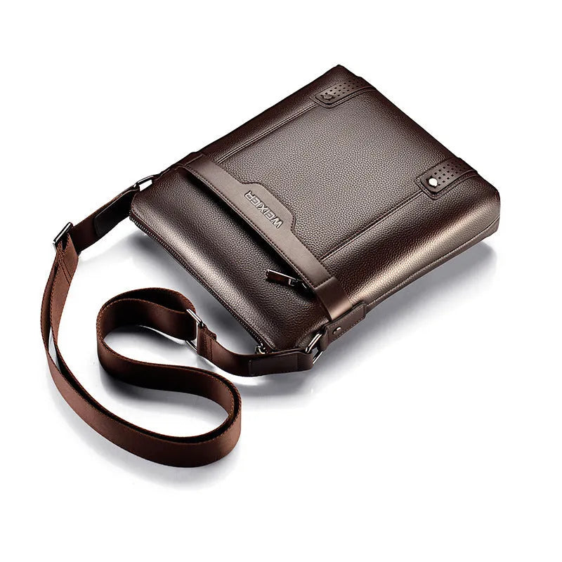 Men's black casual PU leather shoulder bag with square shape and single strap.