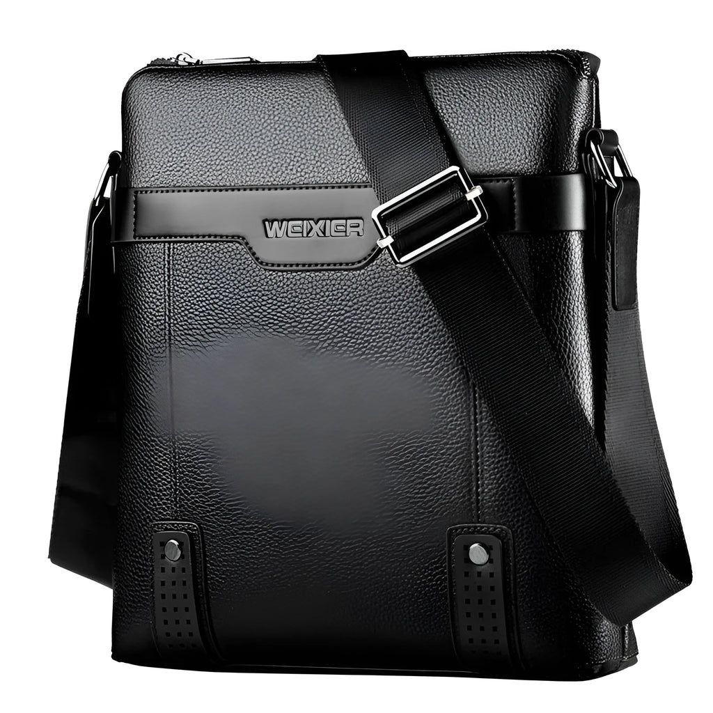 Men's black casual PU leather shoulder bag with square shape and single strap.