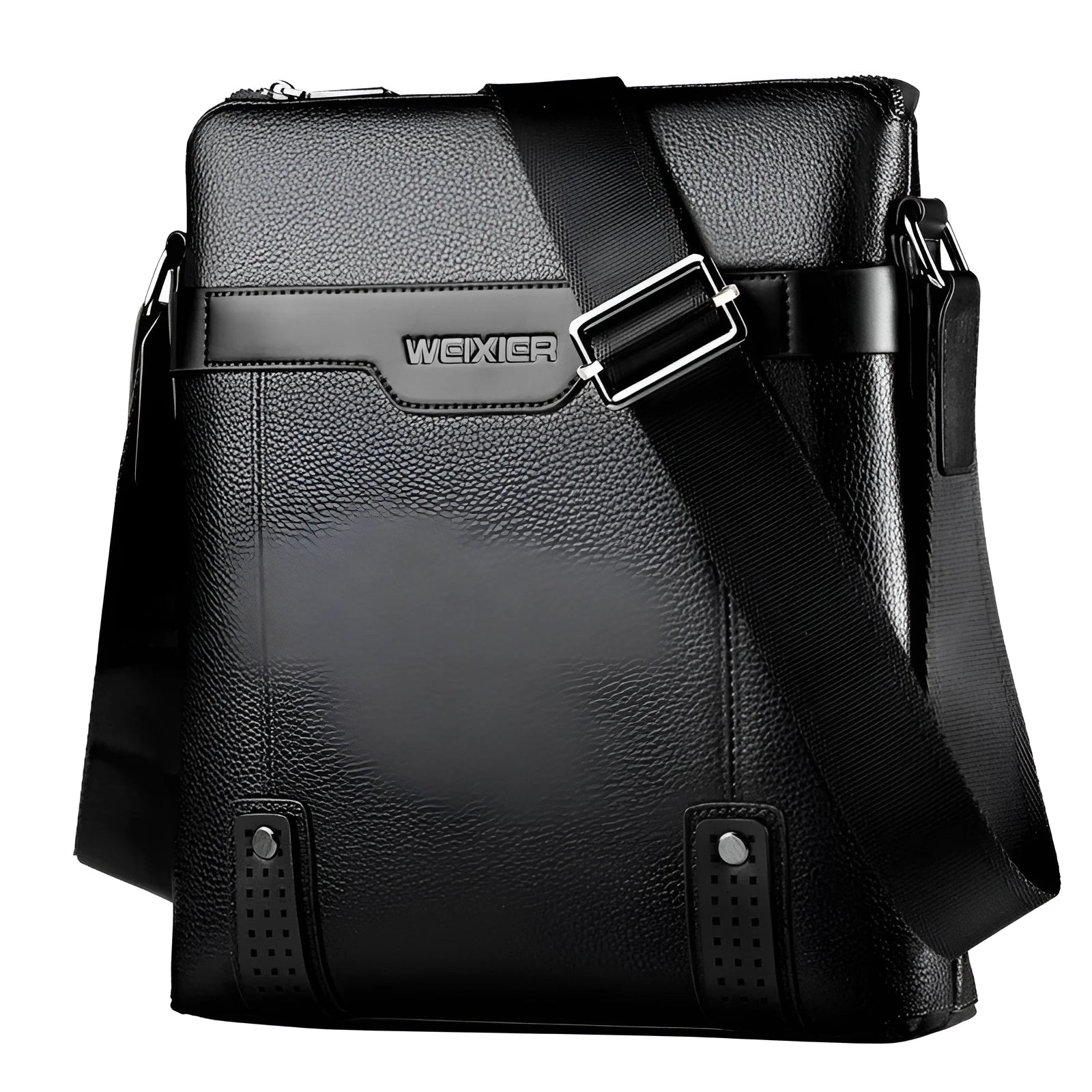 Men's black casual PU leather shoulder bag with square shape and single strap.