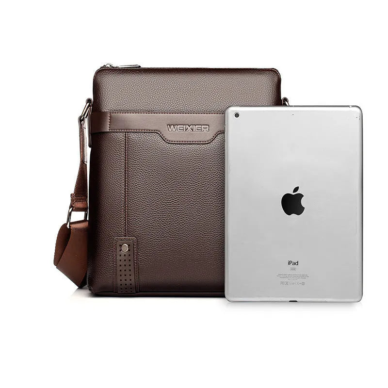 Men's black casual PU leather shoulder bag with square shape and single strap.
