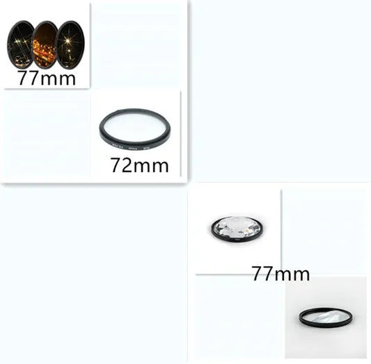 77mm half moon mirror camera filter with cleaning cloth and storage bag for creative photography effects.