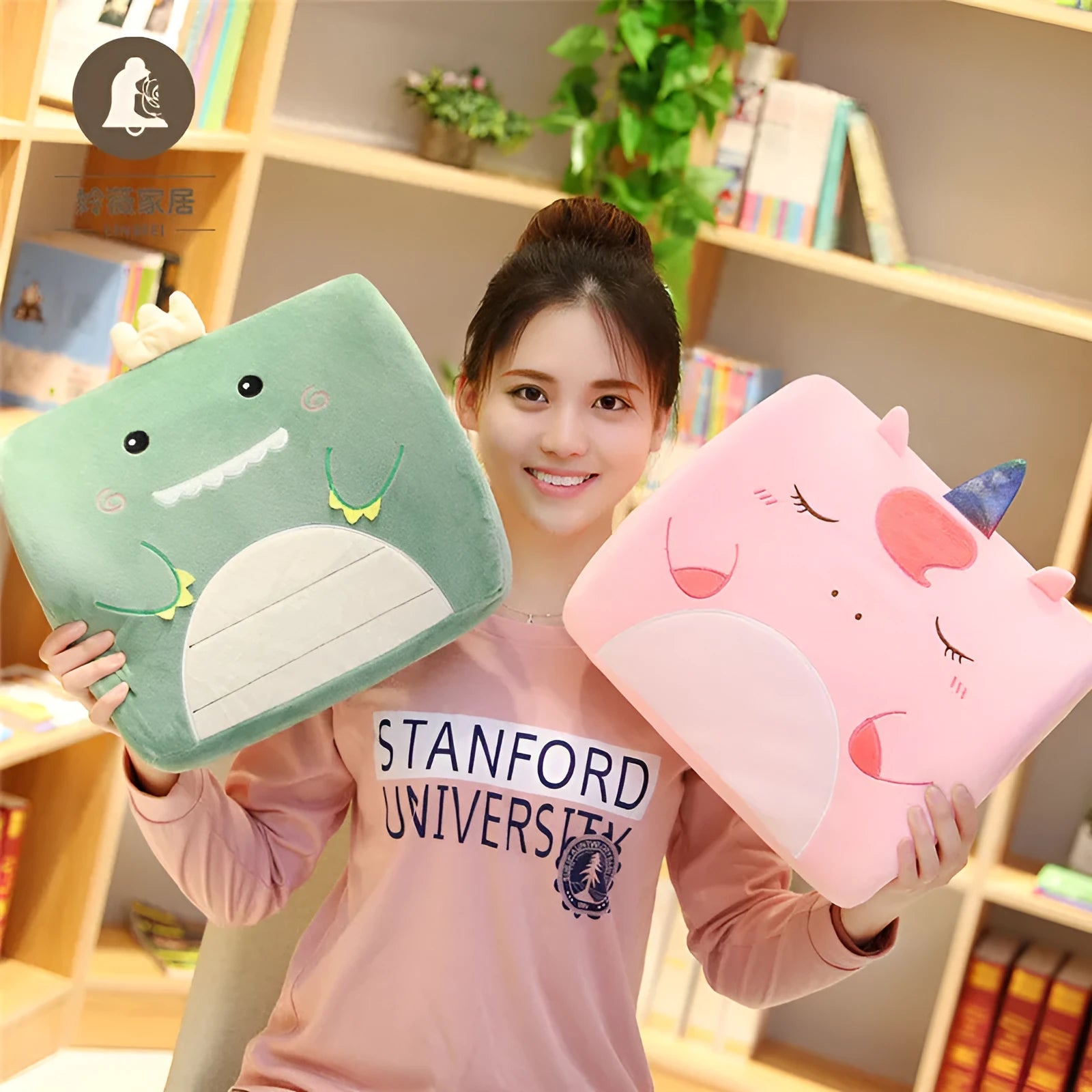 Cartoon-themed car seat cushion with memory foam core and removable cover in various designs like Pink Unicorn and Gray Cat.