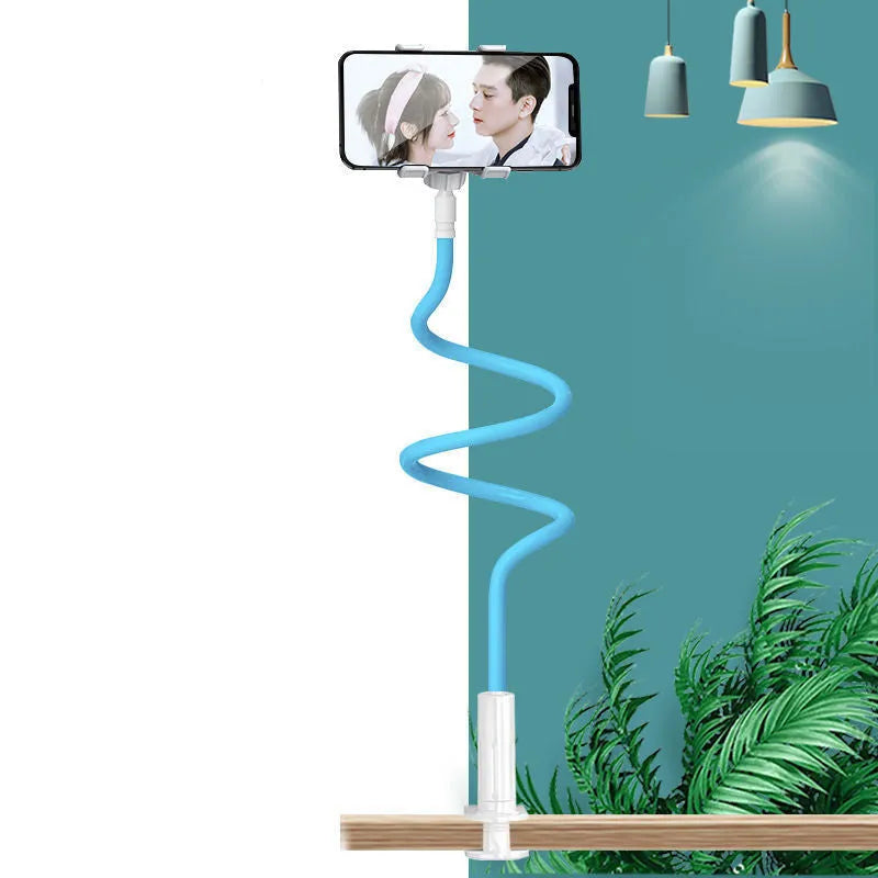 Blue bedside mobile phone holder with bendable memory alloy arm and universal clamp.